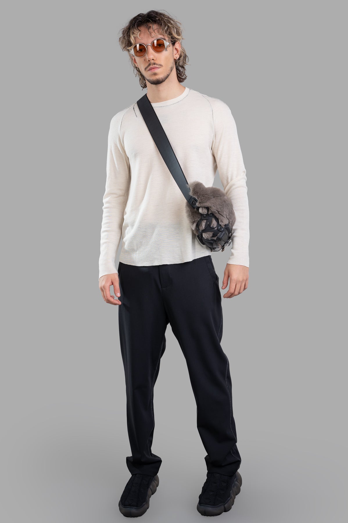 Marc Point Contrast-stitch Sweater in ecru, front view on model, showcasing crewneck and luxury form-fitting design.