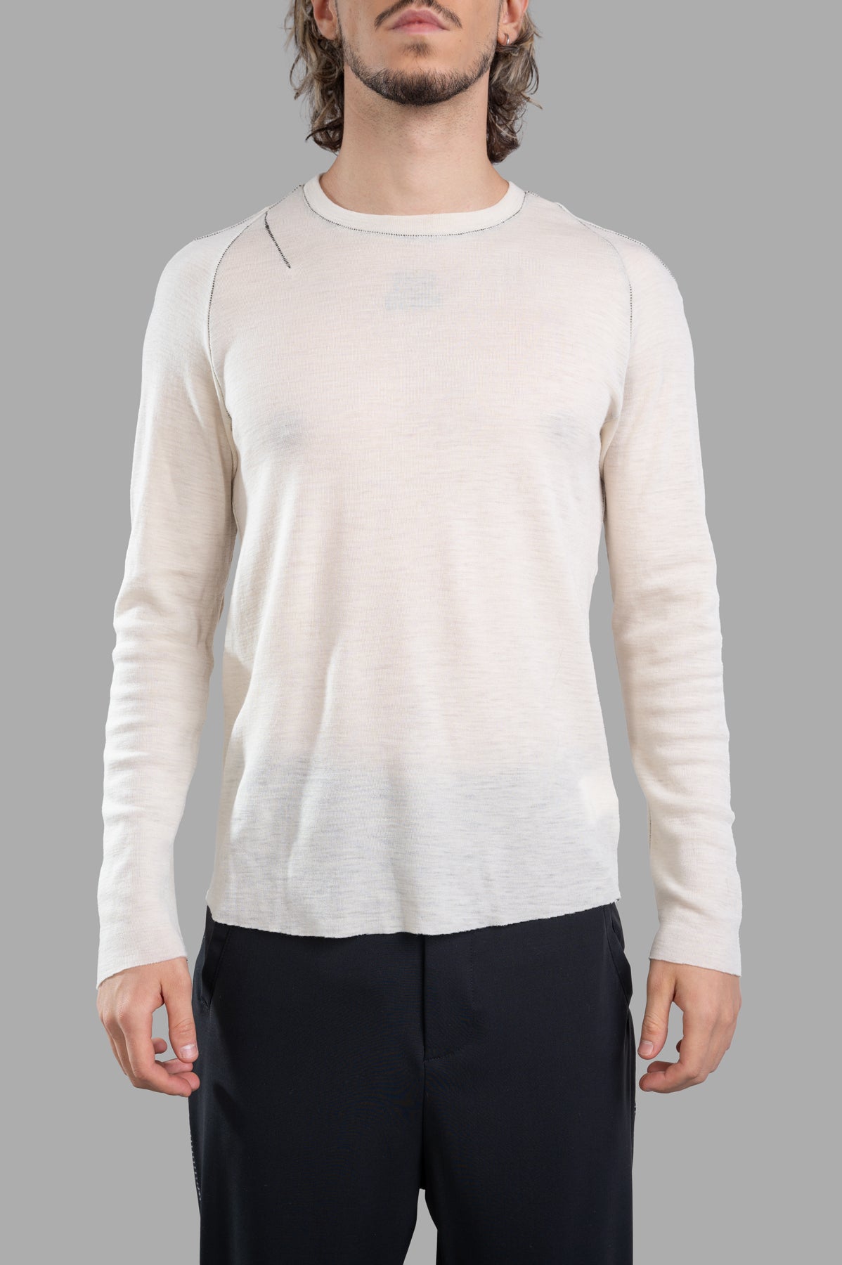 Marc Point Contrast-stitch Sweater in ecru, featuring a crewneck design and form-fitting silhouette for a luxurious look.