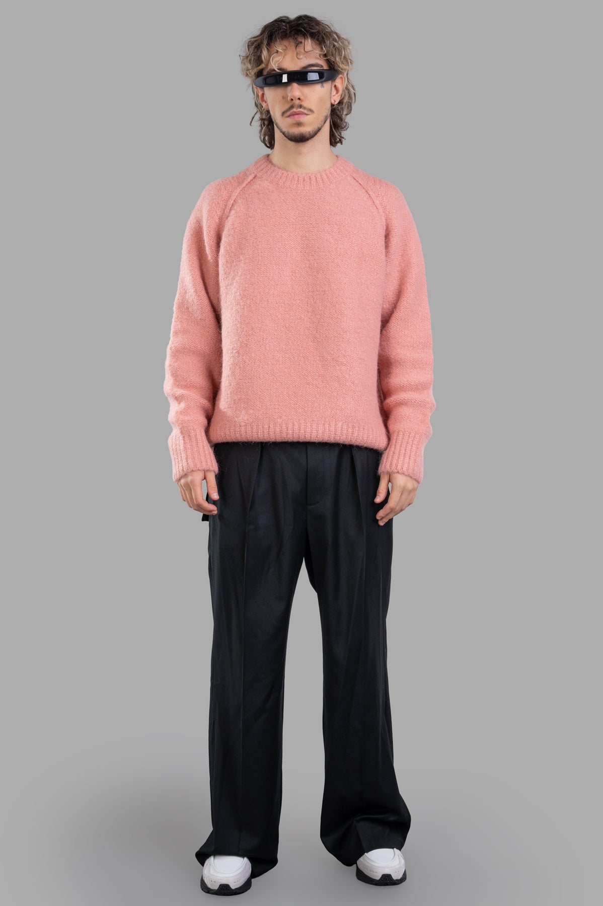 Vein pink oversized sweater, front view on model, showcasing cozy crewneck design and soft textured material.