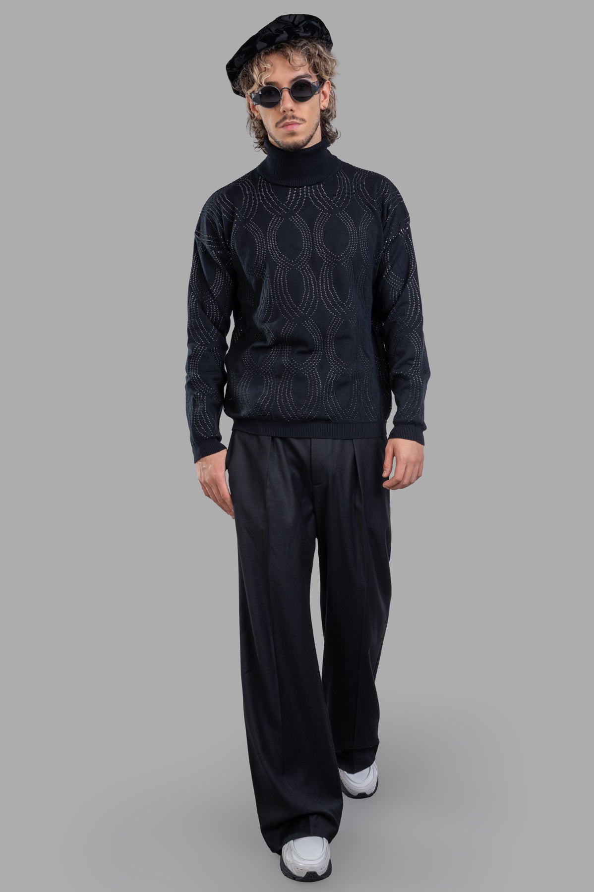 Attachment Straight-leg Trousers in black, front view on model. Features wool blend, elasticated waistband, stylish look.