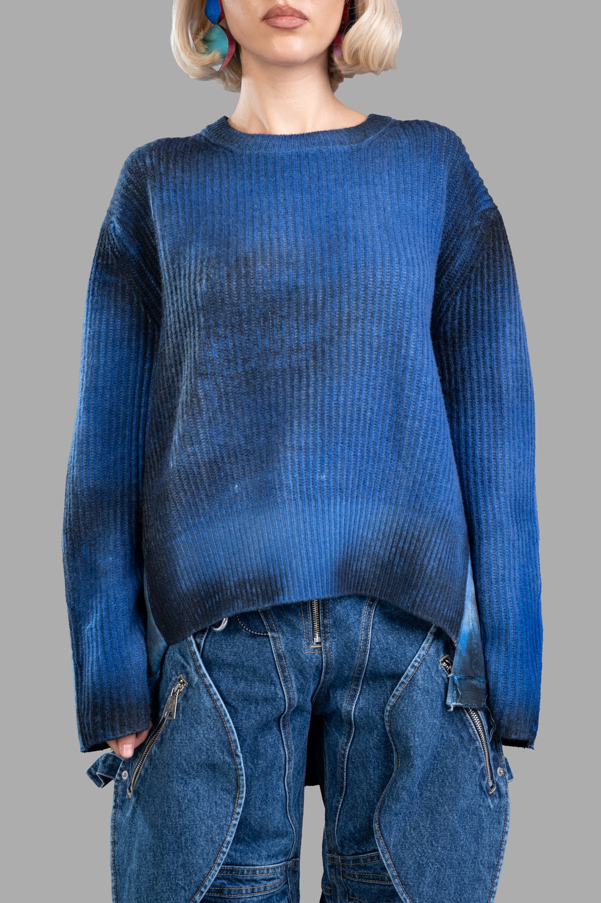 Avant Toi Faded-effect Sweater in blue, featuring oversized fit and asymmetric hem, showcased on a model for styling inspiration.