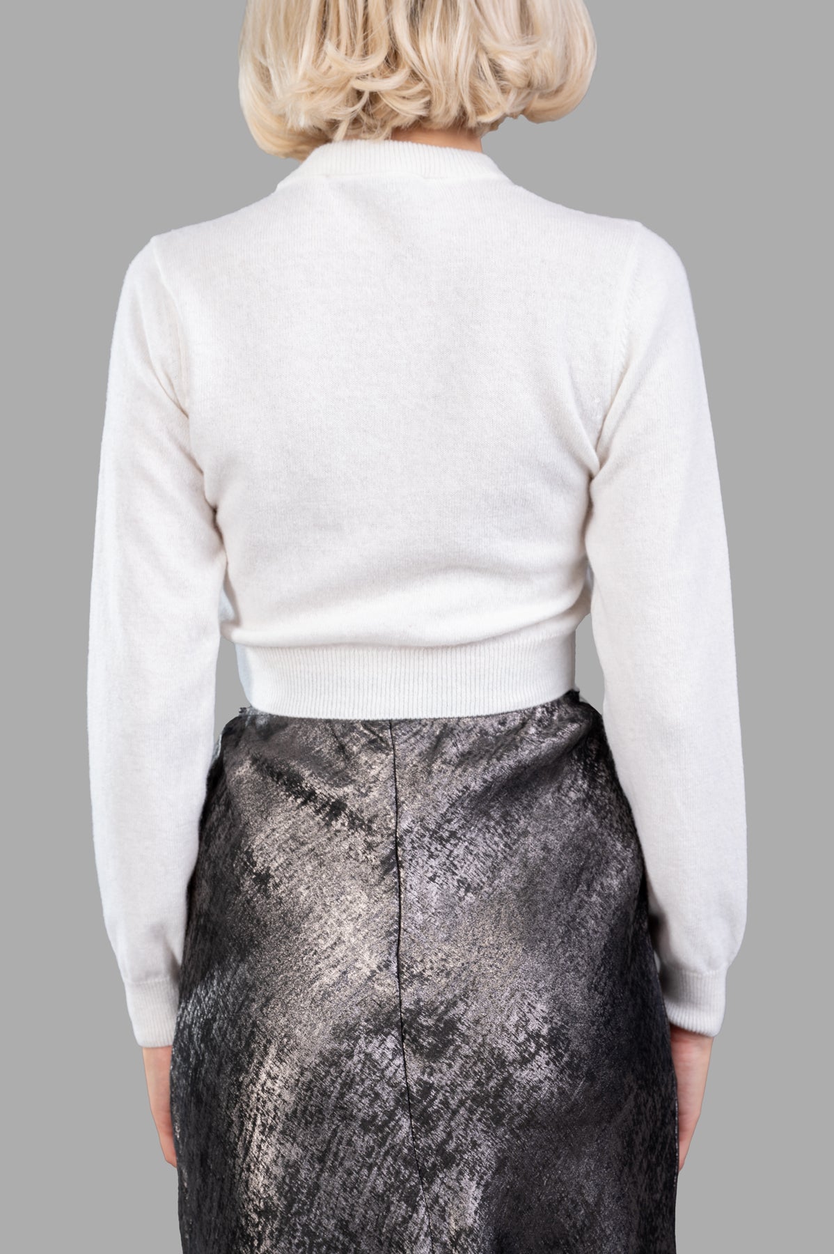 MSGM Embellished Cardigan, cozy wool blend cardigan with V-neck and ribbed hem, shown from the back.