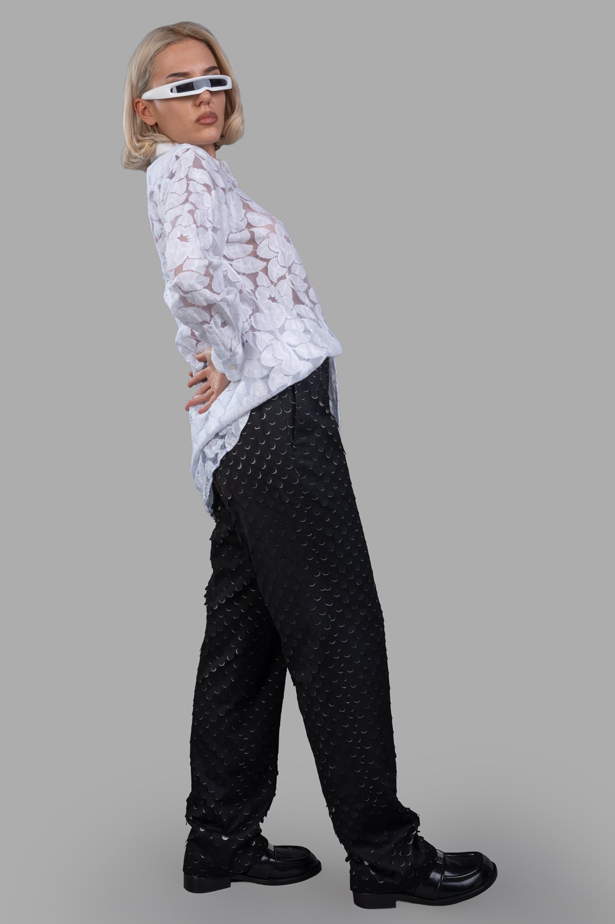 Comme des Garçons Floral Tulle Shirt, side view on model, showing white tulle and floral design detail.
