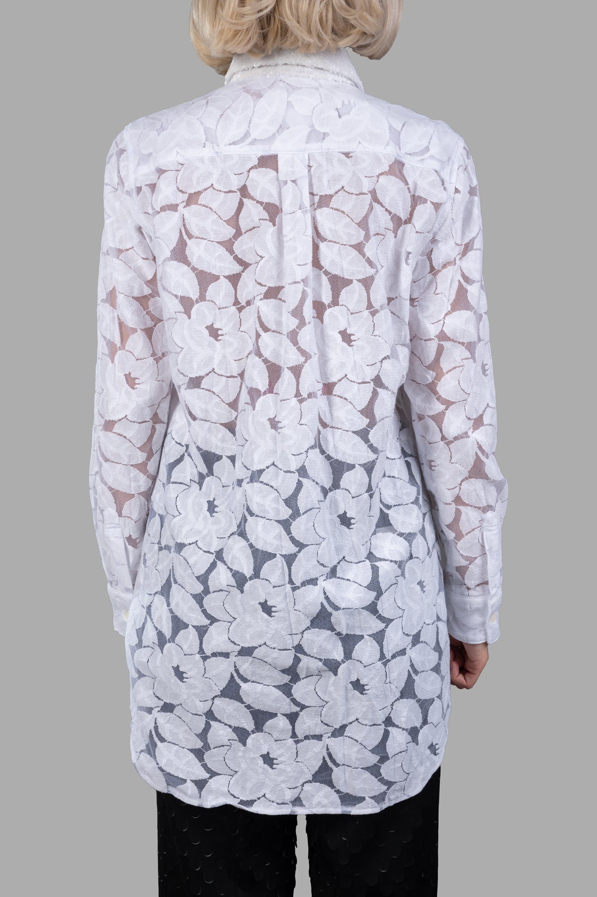 Comme des Garçons Floral Tulle Shirt in white, showcasing the detailed flower design and sequin collar from the back.