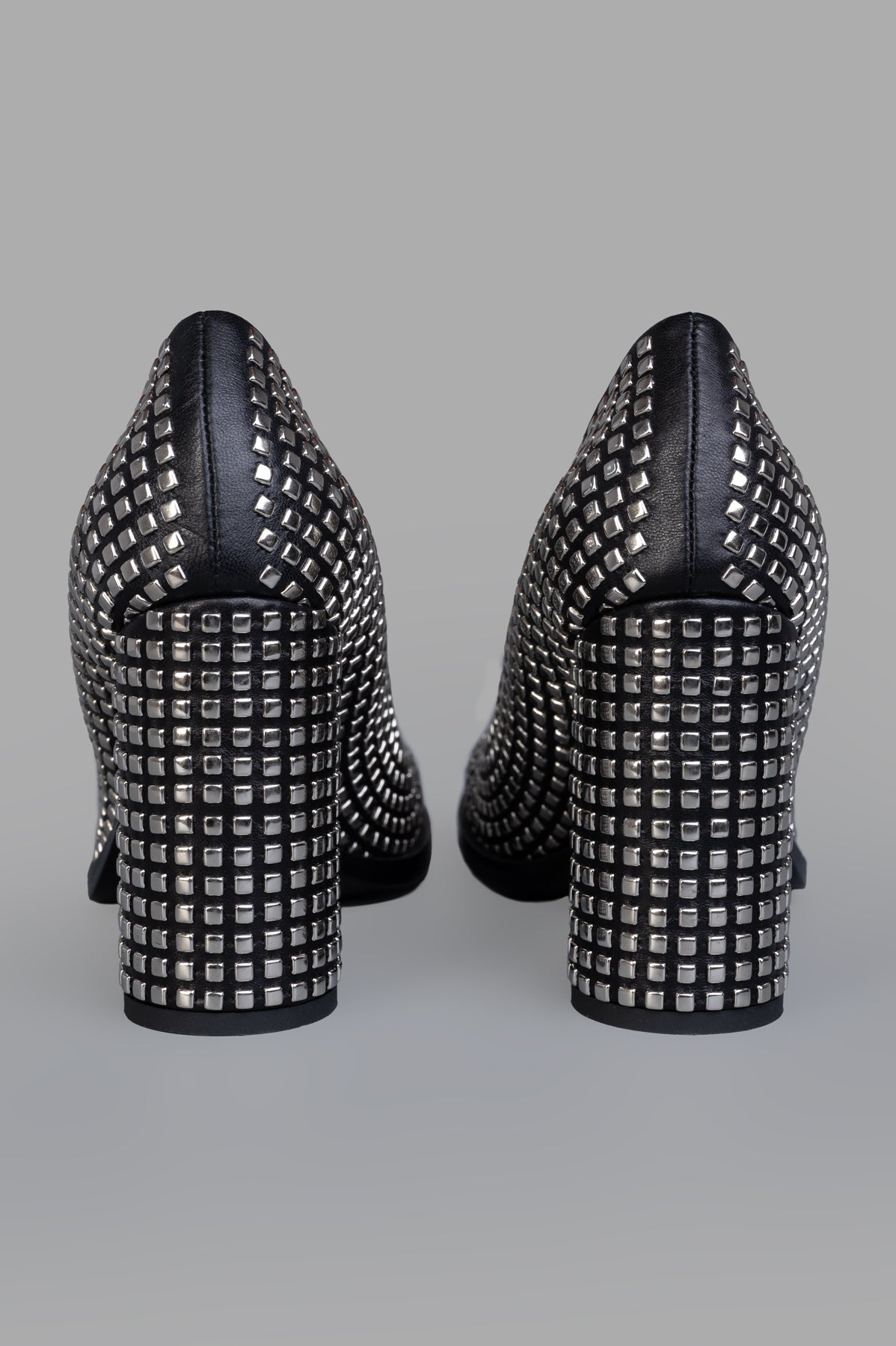 Mattia Capezzani Lia Heeled Shoes, black leather heels with stunning studded detail, viewed from the back.
