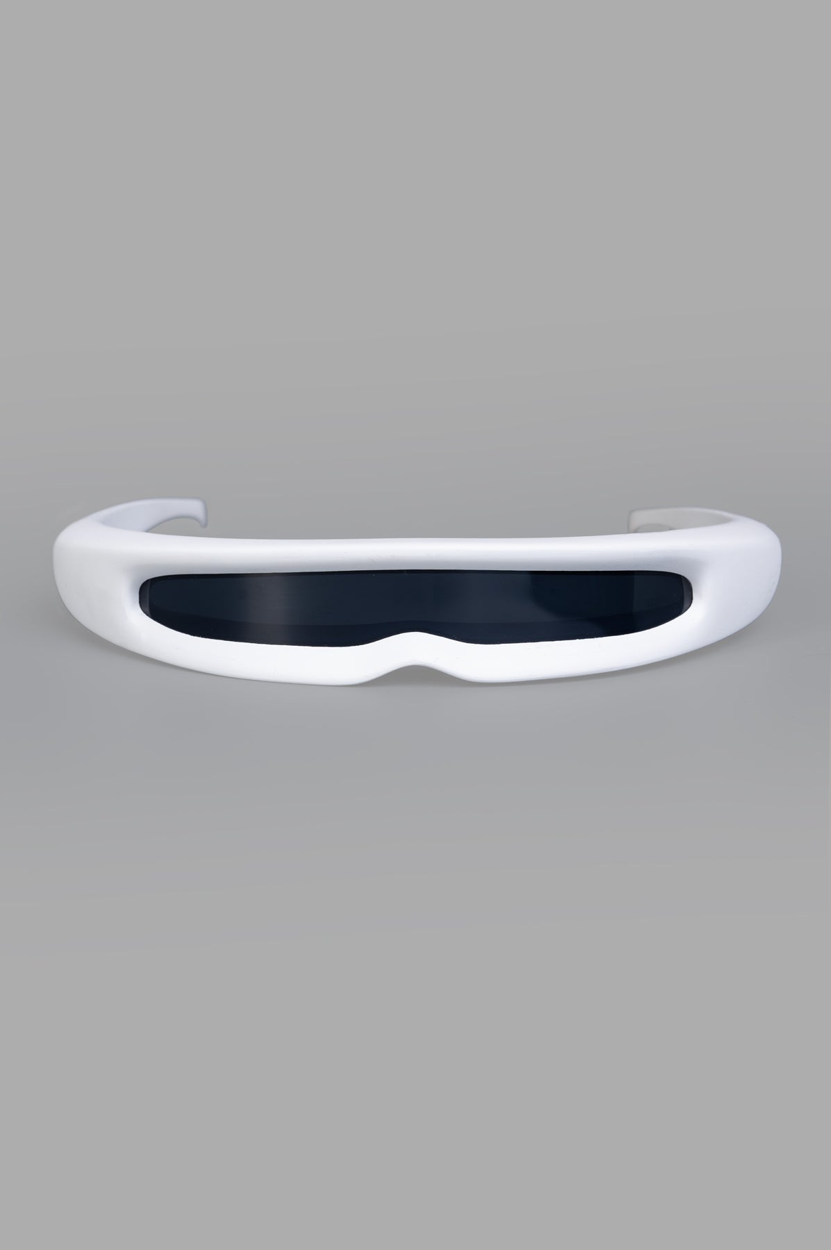 Natasha Zinko Futuristic Sunglasses, white bold non-foldable design, front view, doubles as headband, resin build.