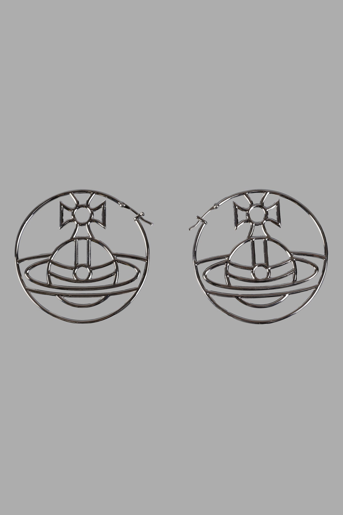 Vivienne Westwood Alina Earrings in Silver, front view, featuring iconic orb design on a grey background.