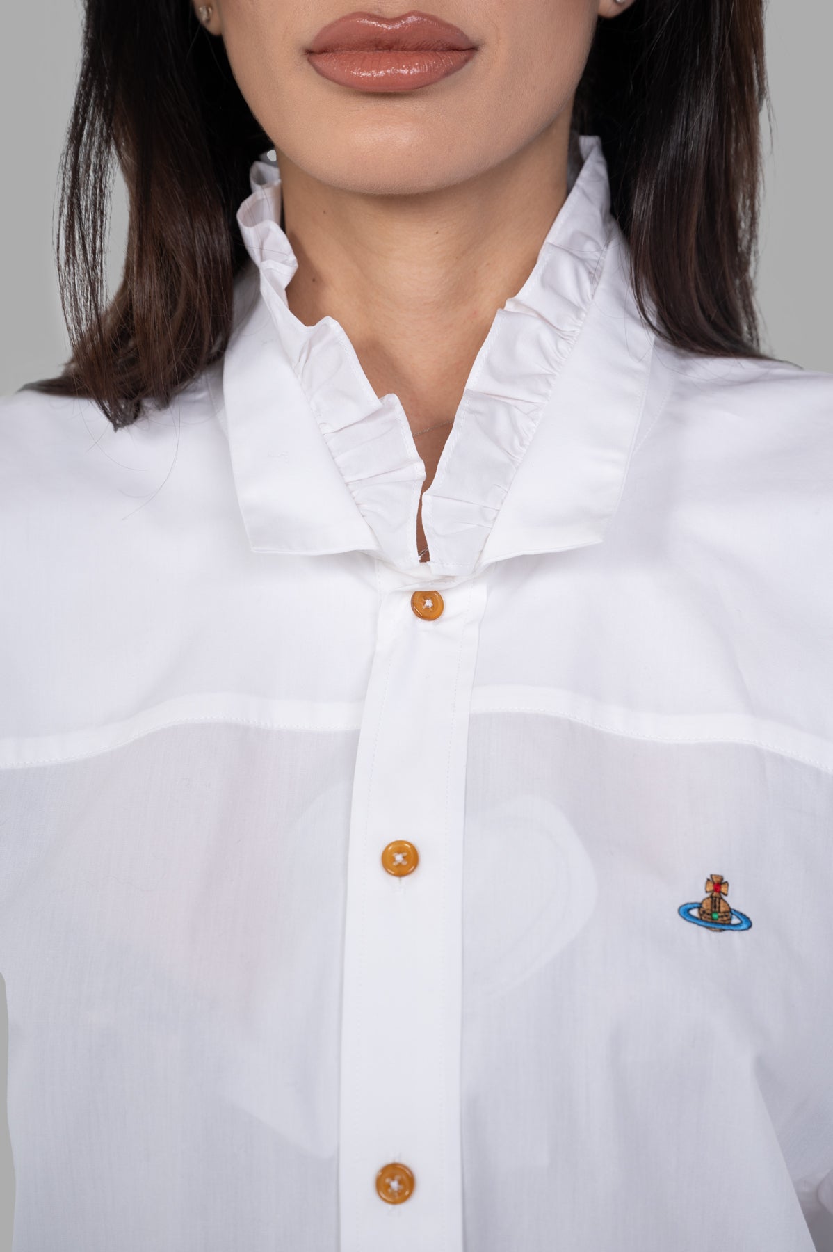 Vivienne Westwood Ruffled-collar Shirt featuring a ruched neckline and gold buttons, showcased in a close-up on a model.