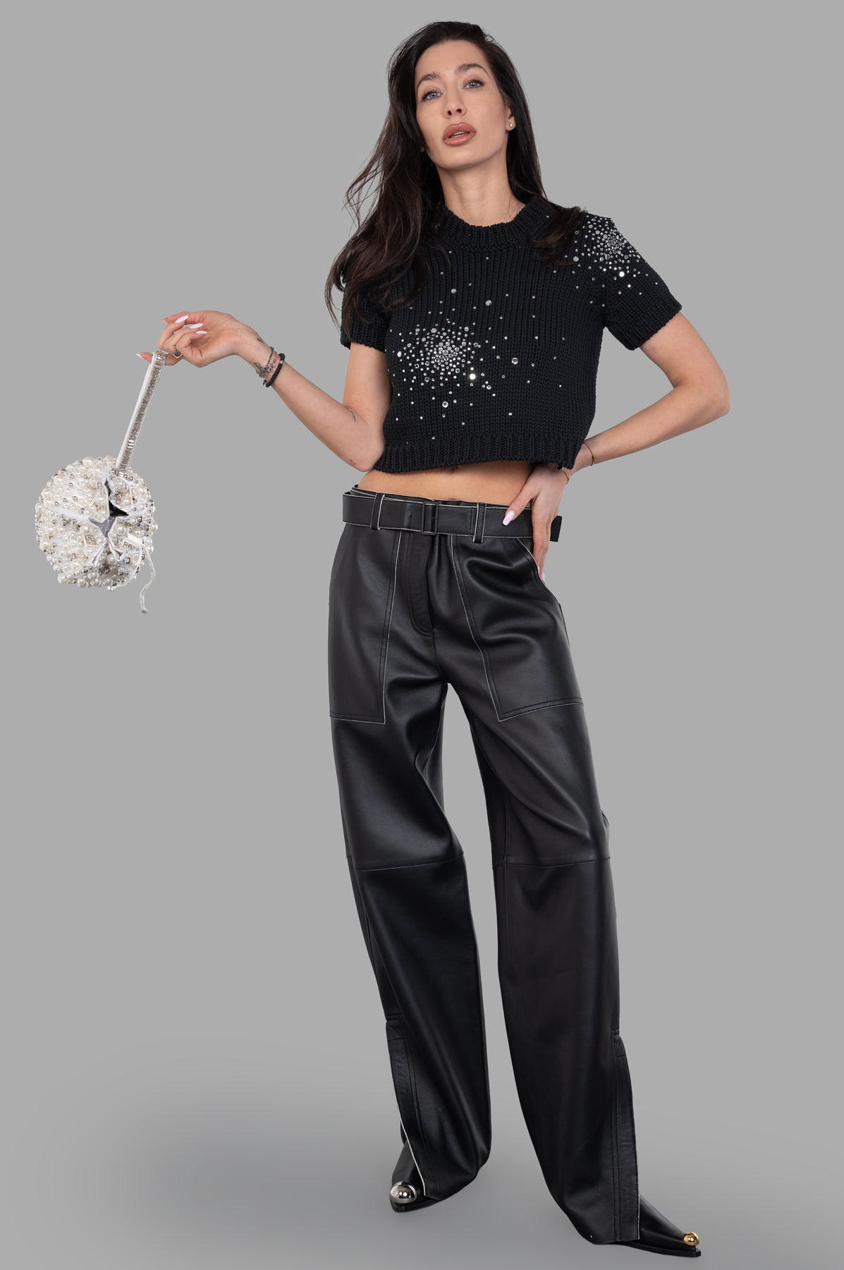 DES PHEMMES Chunky-knit Crop Top in black with sparkling embroidery, front view worn by model, round neckline, short sleeves.