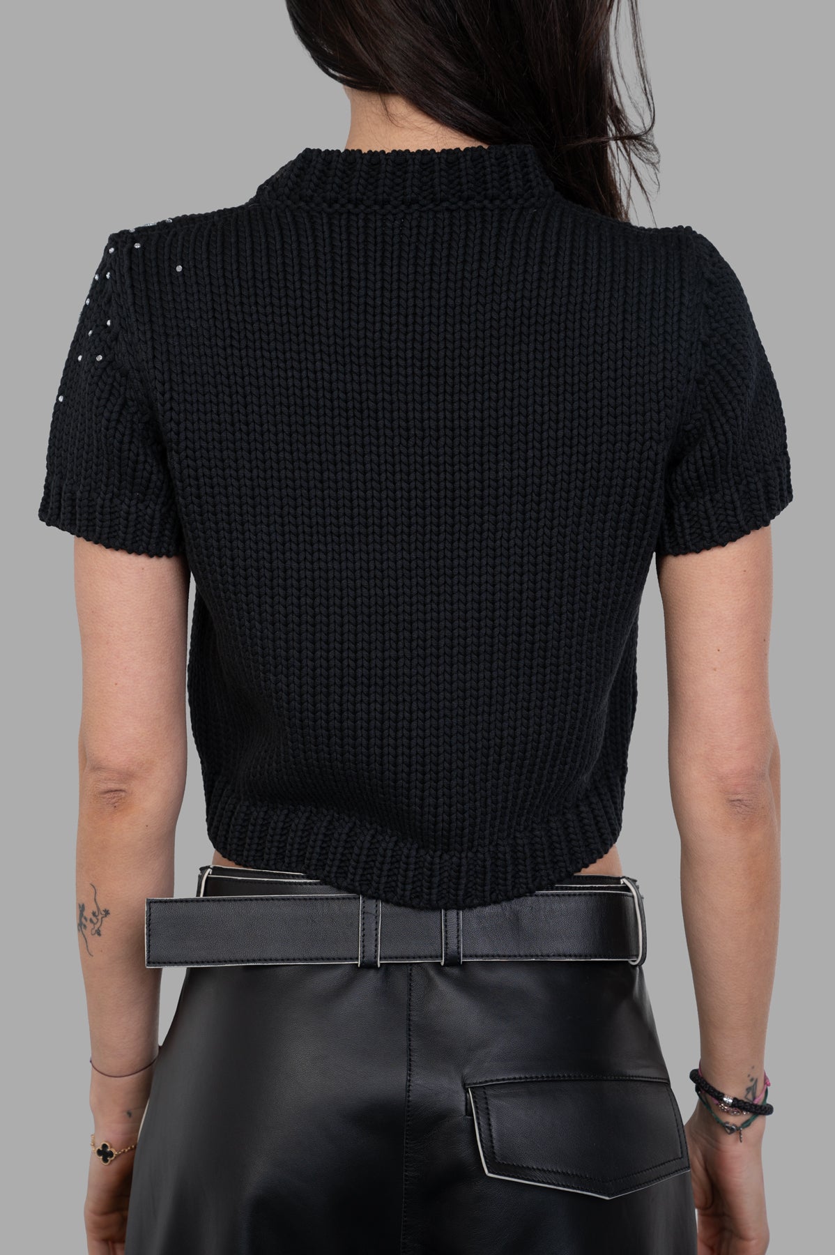 **Alt text:** DES PHEMMES Chunky-knit Crop Top featuring a round neckline and short sleeves, viewed from the back, showcasing sparkling embroidery.