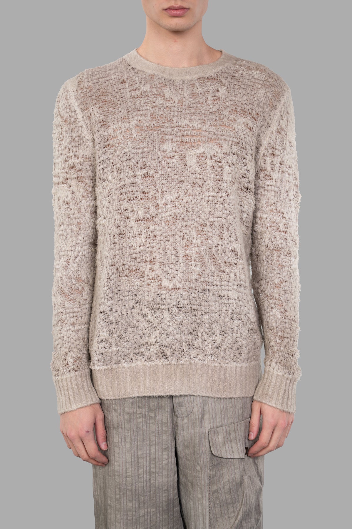Avant Toi Crewneck Sweater in beige, featuring a loose, crocheted design and ribbed details for a cozy, stylish look.