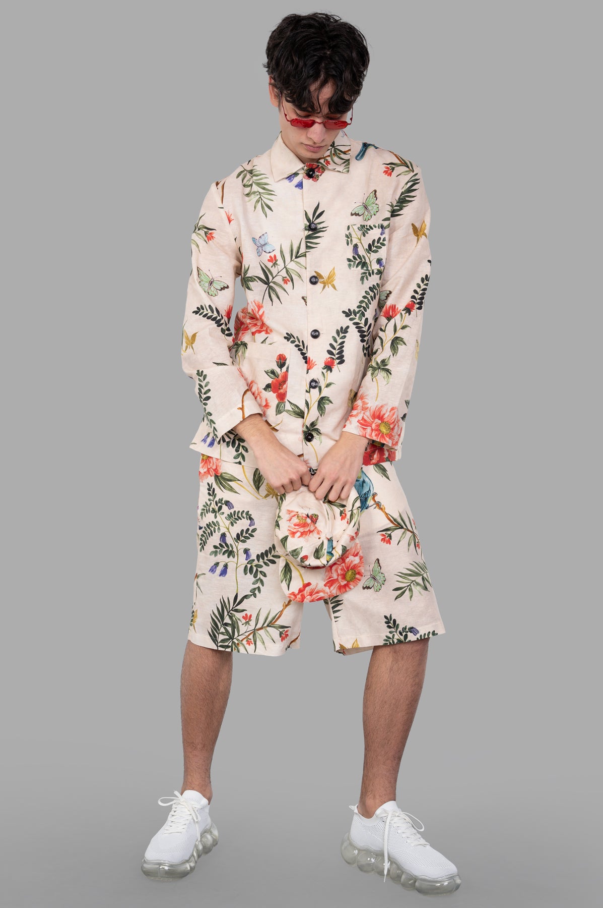 Marc Point Floral-pattern Shorts on-model, front view, showcasing above-knee fit and vibrant floral print design.