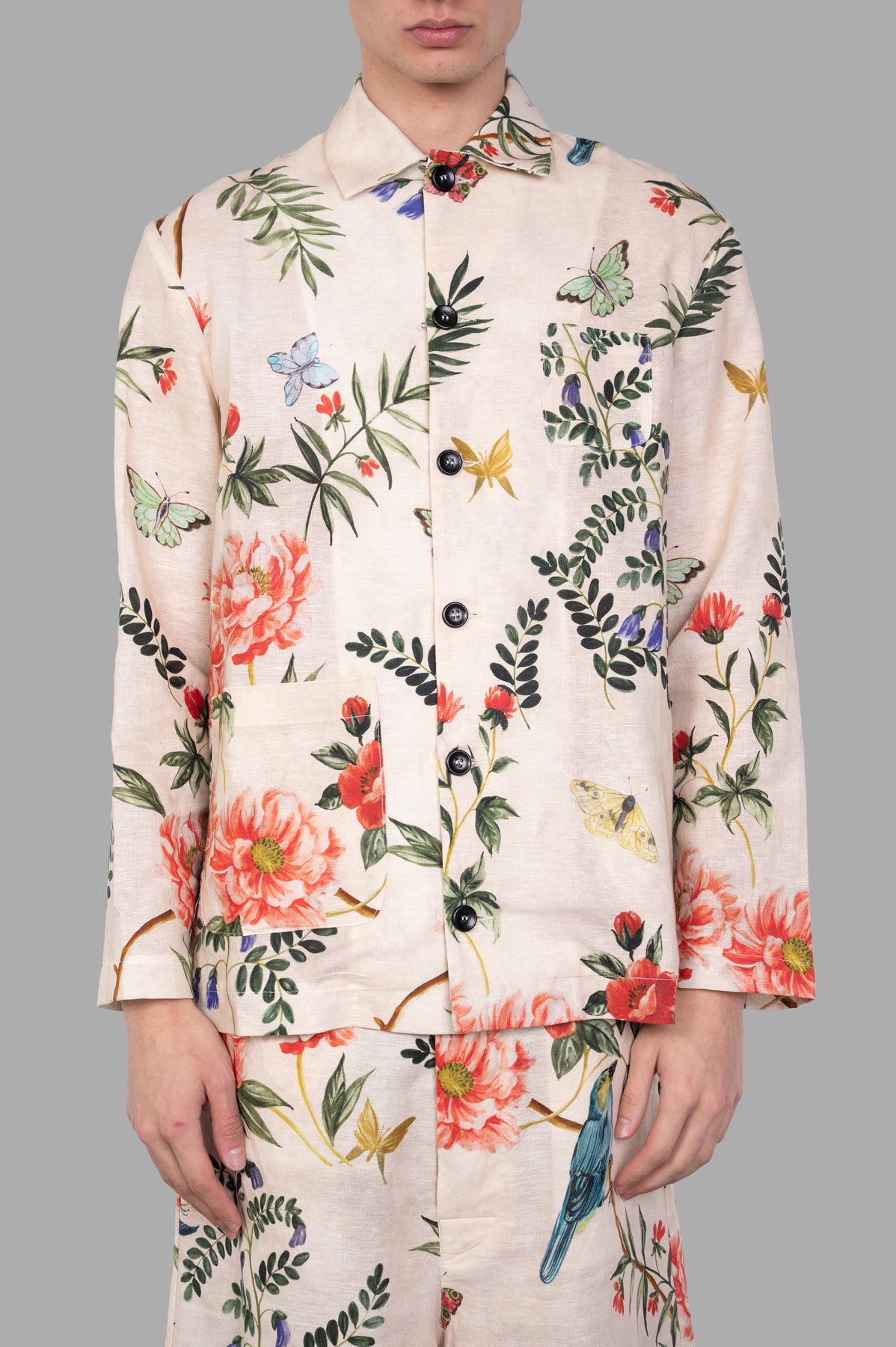Marc Point Floral Shirt Jacket featuring vibrant floral patterns, functional buttons, and a flattering straight silhouette.
