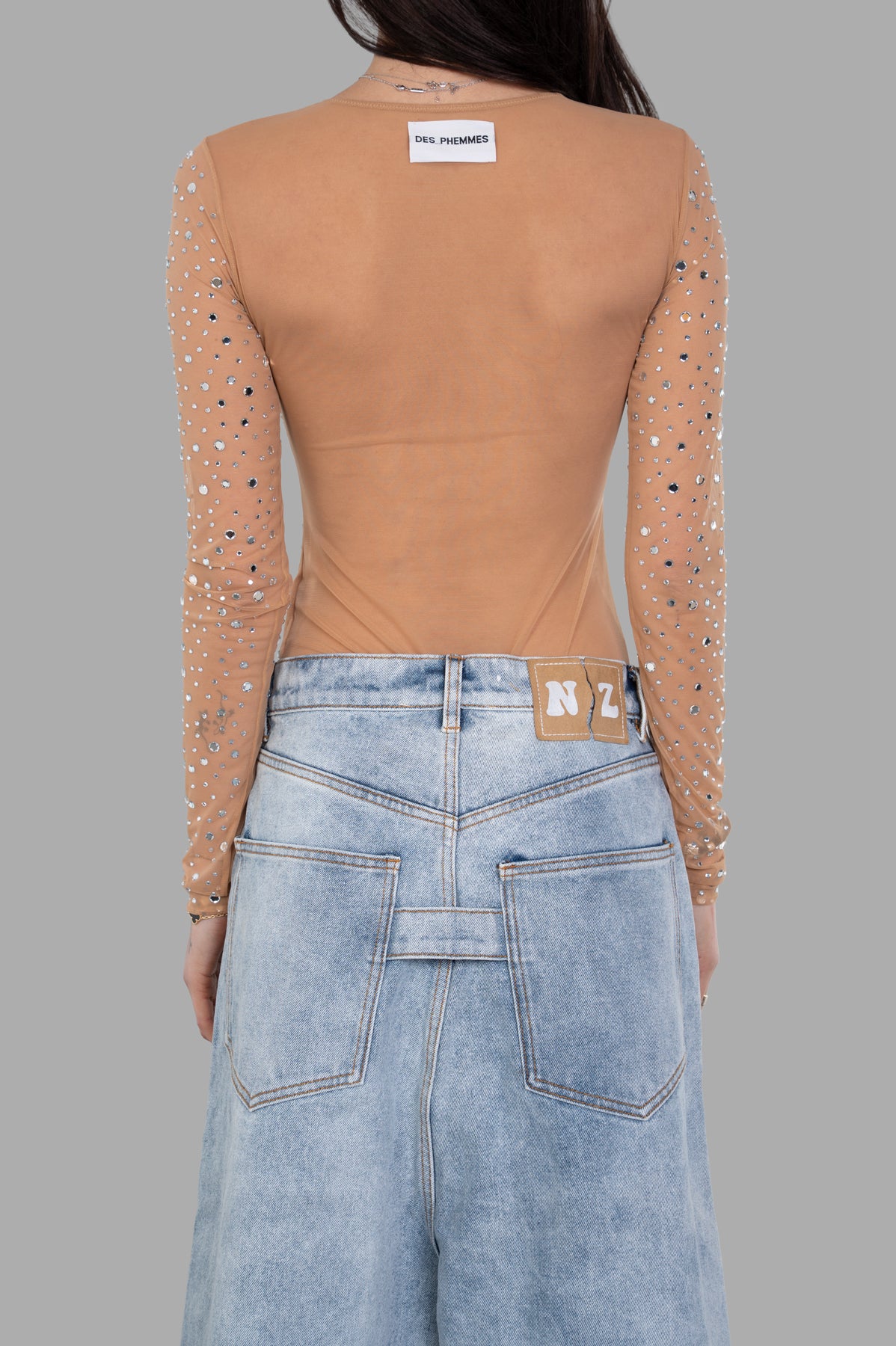 DES PHEMMES Crystal-embellished Body in beige, featuring sheer long sleeves adorned with sparkling crystals, back view.