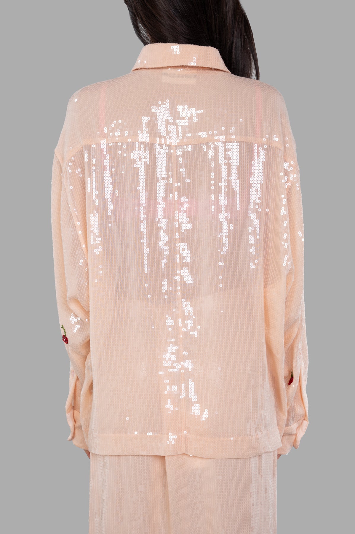 DES PHEMMES Sequined Cherry Boyfriend Shirt, back view showcasing shimmering sequins and relaxed fit with point collar.