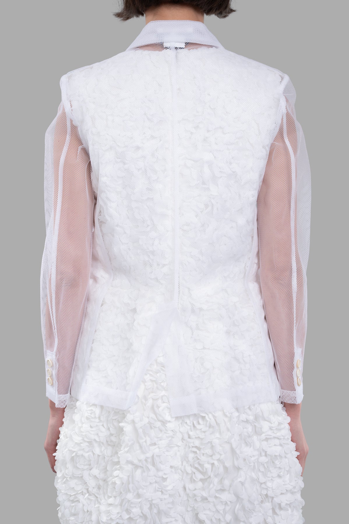 Comme des Garçons Flower-embroidery Jacket back view showcasing detailed tulle overlay and elegant button closure.