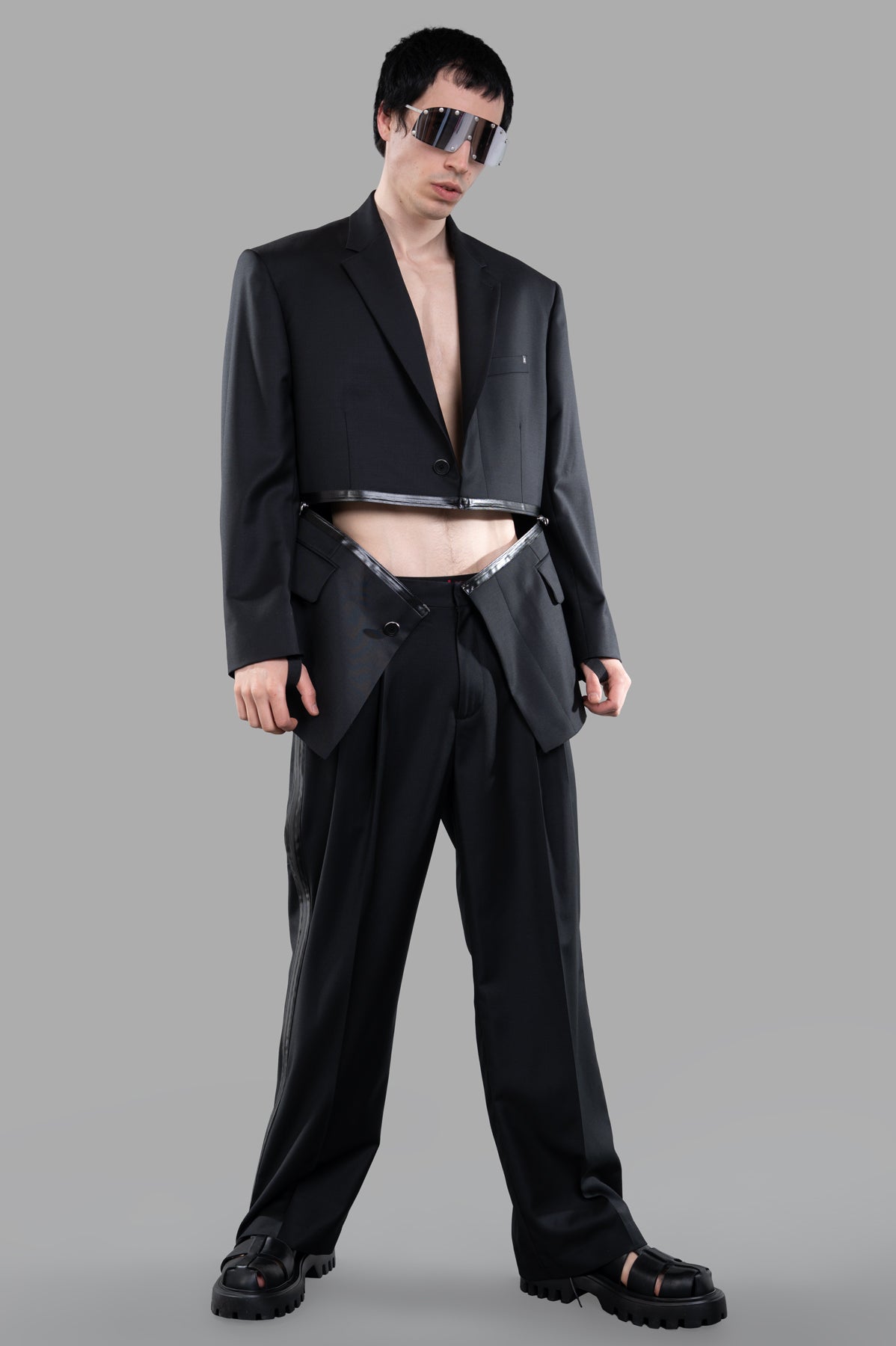 Helmut Lang Zip Driver Blazer, front view on model, black wool twill with aquaseal zipper, oversized fit.