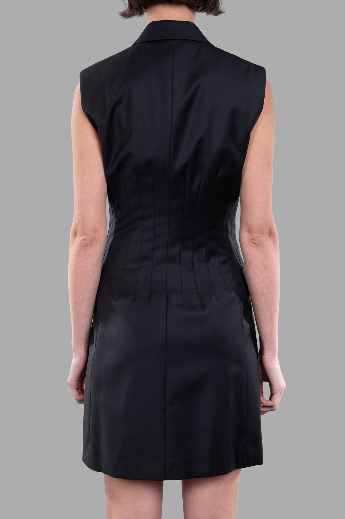 Helmut Lang. Waisted Blazer Dress, fitted waist detail, back view showing tailored design in black wool twill.