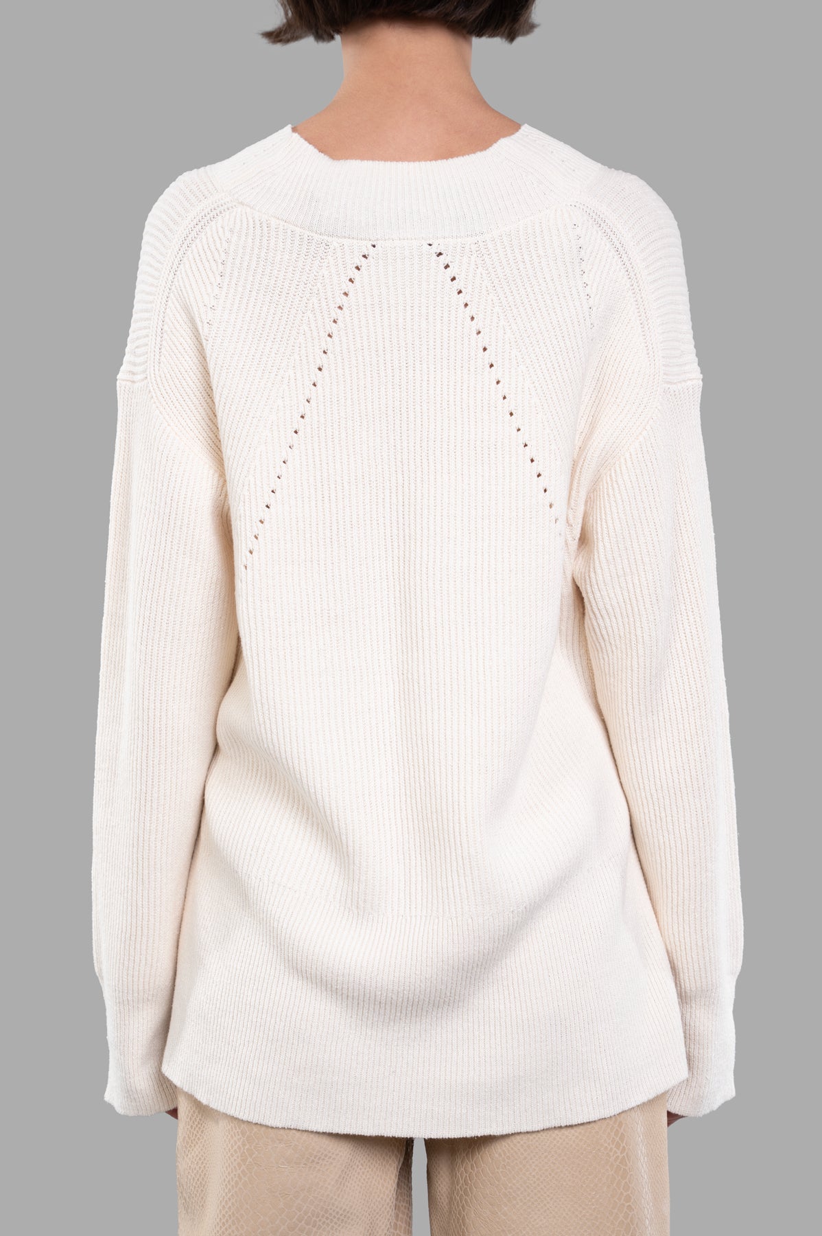 Joseph Linen Blend Jumper shown from the back, featuring a relaxed fit and signature detailing in soft ecru knit.