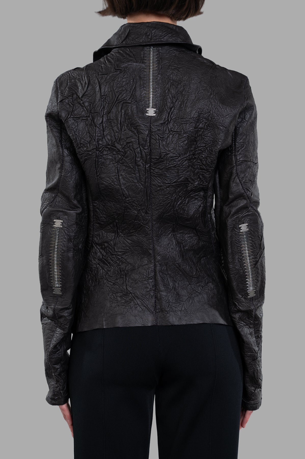 Isaac Sellam Crinkled Leather Jacket, black, showcasing back view with unique textured lambskin and stylish zip details.