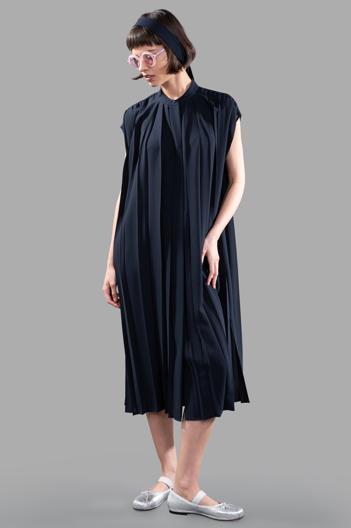 Joseph Davidge Airy Plissé Dress, dark blue, front view on-model, showing fluid fit and texture, styled with headband.