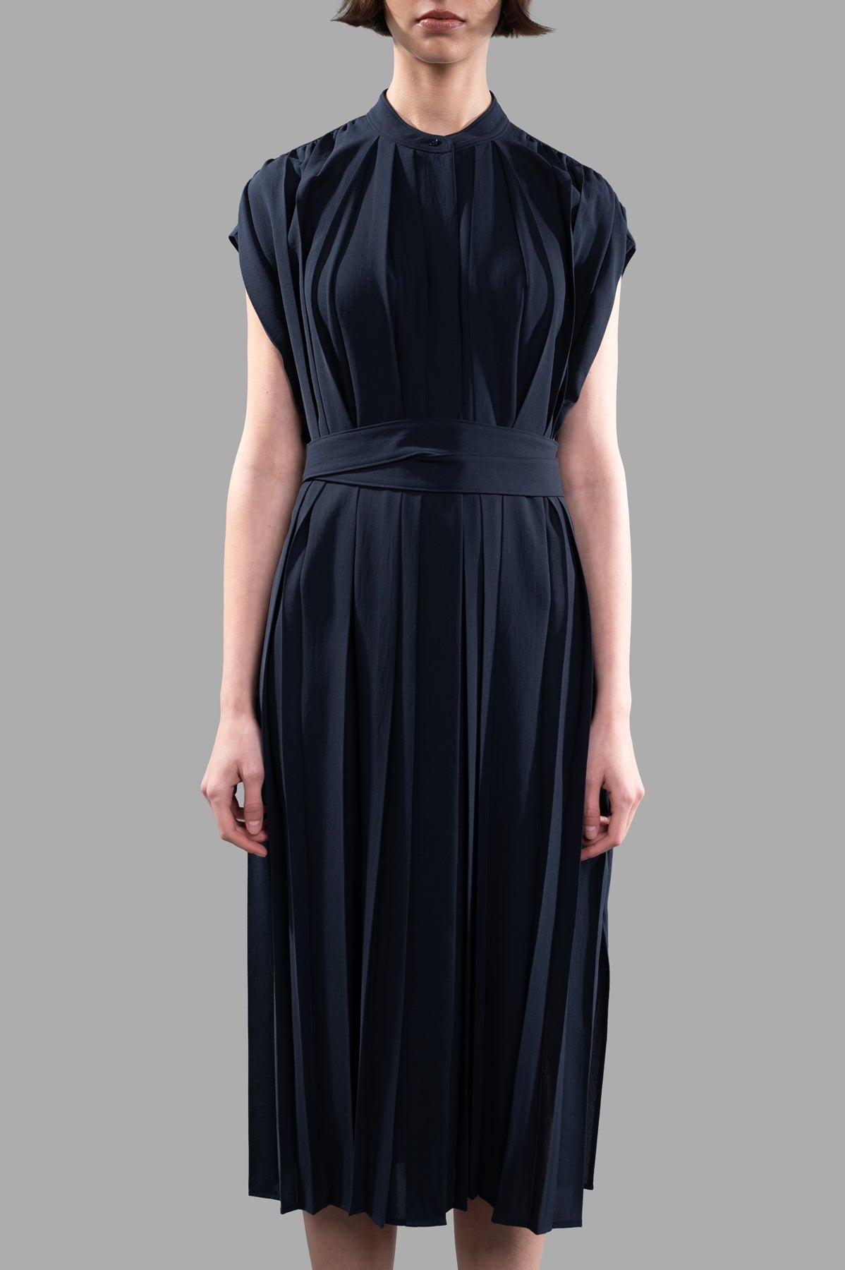 Joseph's Davidge Airy Plissé Dress features a relaxed button-up design in dark blue, showcasing elegant, fluid pleats.