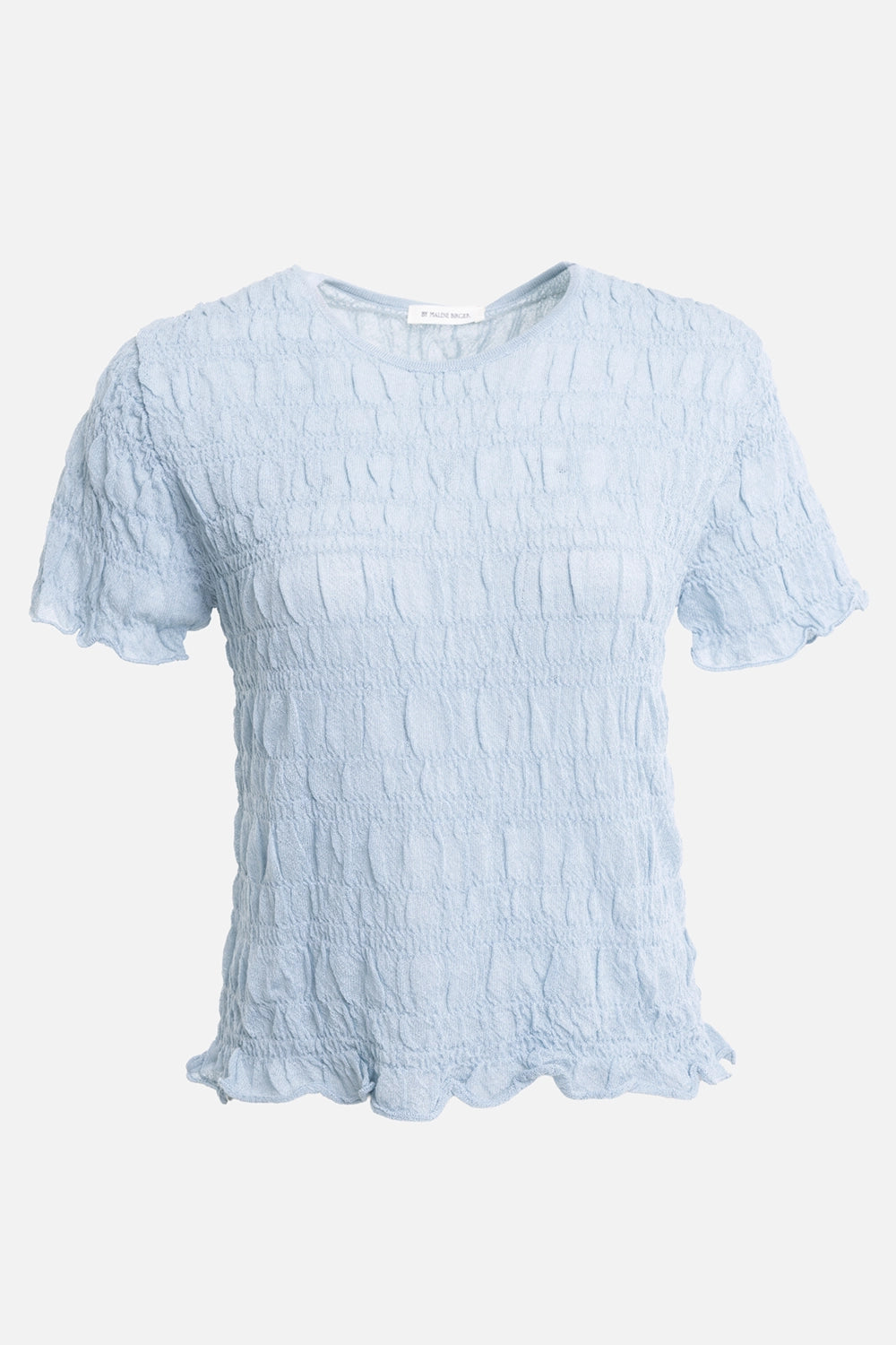 By Malene Birger women's T-shirt in Dream Blue, front view, round neck with smocked texture and ruffled hem