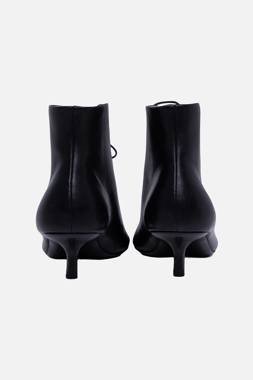 Open-toe lace-up ankle boots in black smooth calf leather, back view with kitten heel