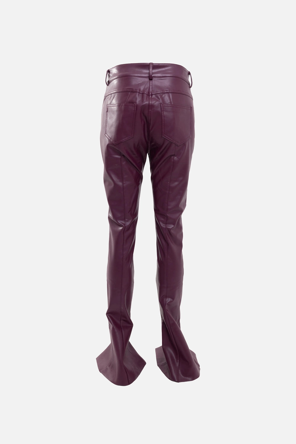 Norma Kamali women's spat jeans in plum, back view, two patch pockets with glossy faux-leather finish