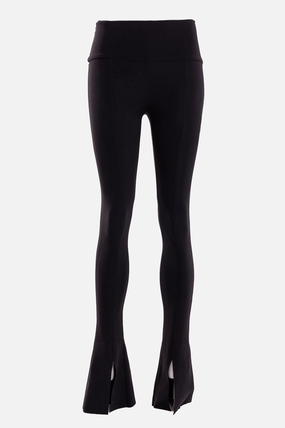 Norma Kamali women's black Spat leggings, front view with fold-over waistband and center-slit flared cuffs
