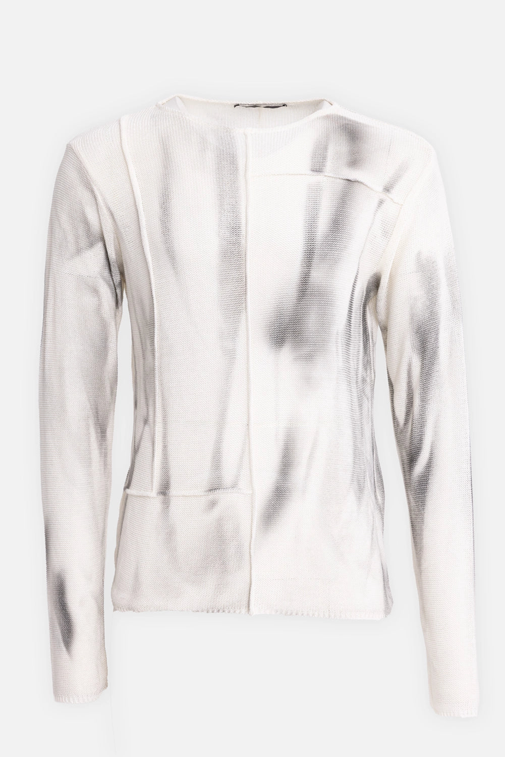 LA HAINE INSIDE US men's sweater in white, front view, gray spray marks and front panel cuts