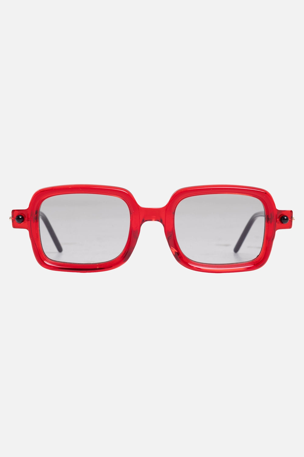 Kuboraum unisex square sunglasses in ruby, front view, light grey lenses and black pin hardware