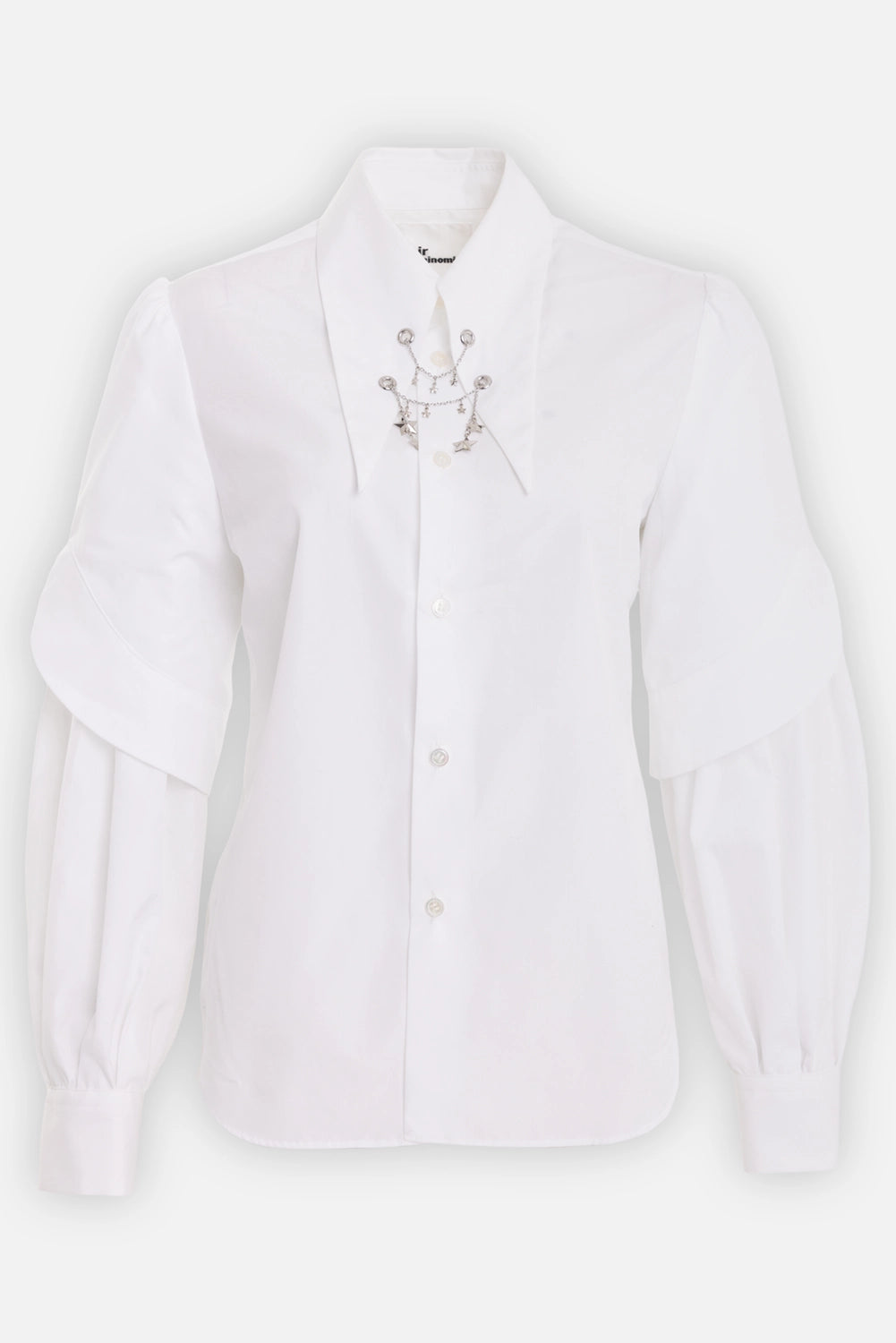 Noir Kei Ninomiya women's cotton shirt in white, mannequin front view, star chain and puff sleeves