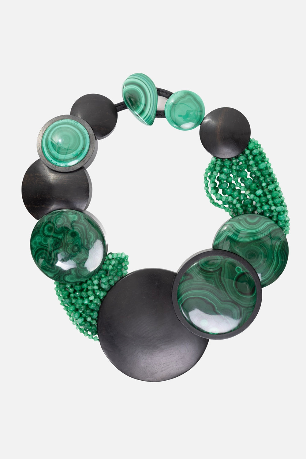 Monies statement necklace in malachite and ebony, front view, ebony discs with malachite cabochons.