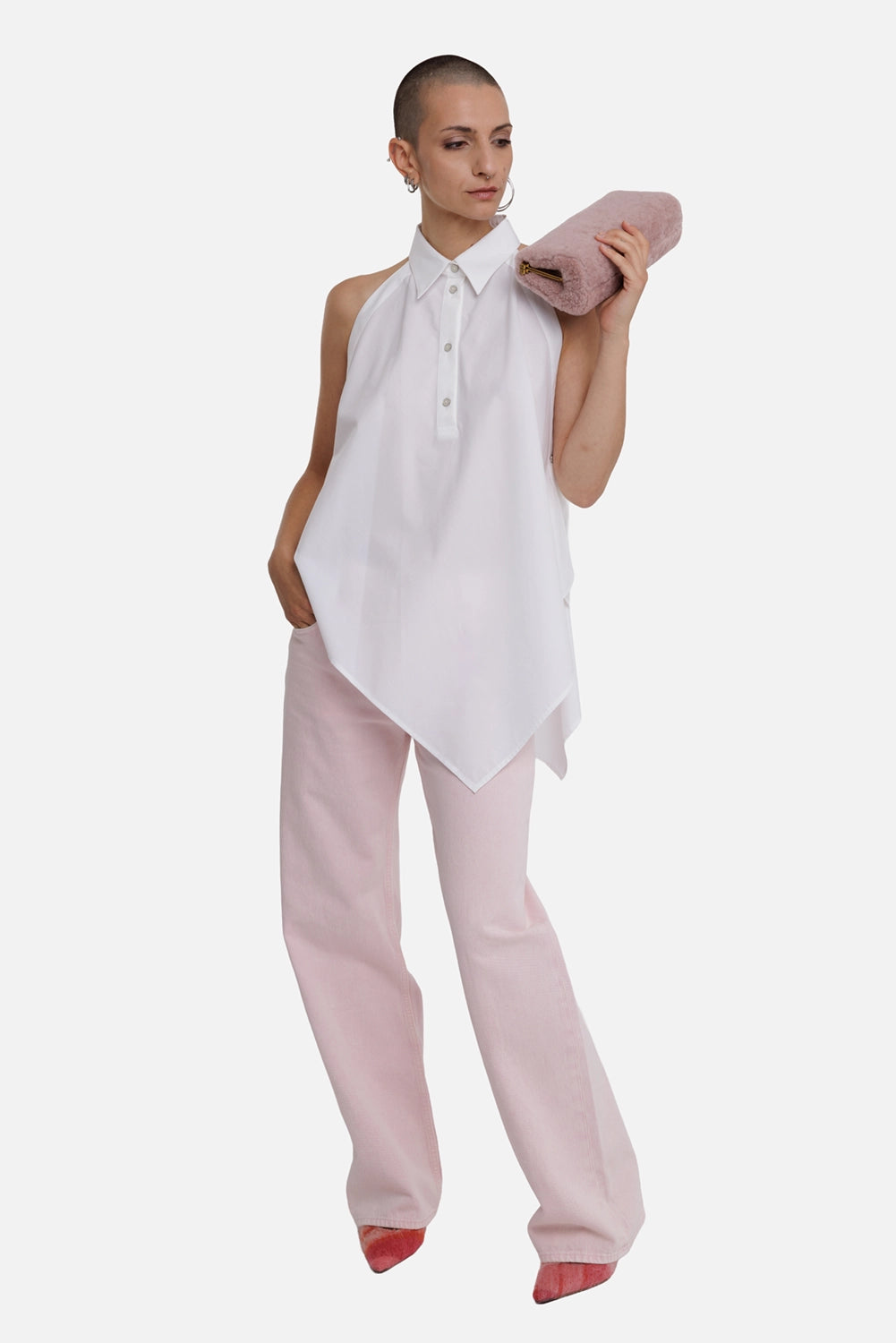 Helmut Lang women's Peony pink jeans, full-length model view with straight legs and mid-rise waist