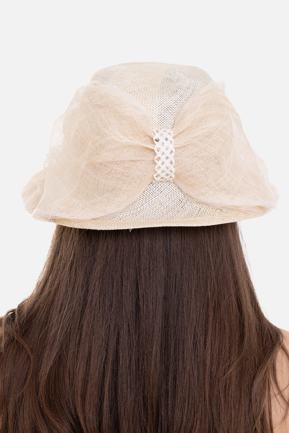 Junya Watanabe women's straw bucket hat in natural, back view with sheer bow and white lattice band