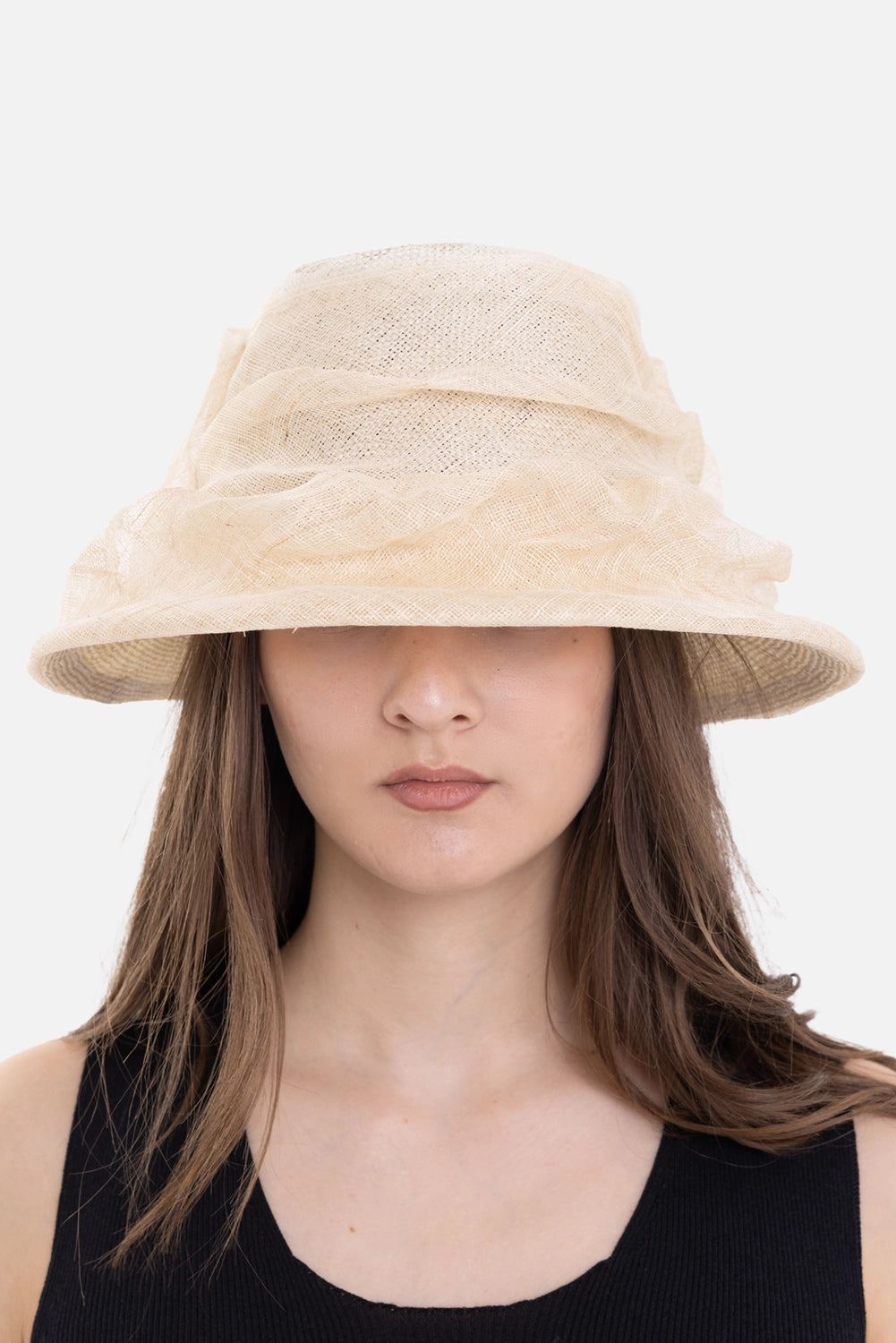 Junya Watanabe women's straw bucket hat in natural, front view with sheer crinkled trim and open weave