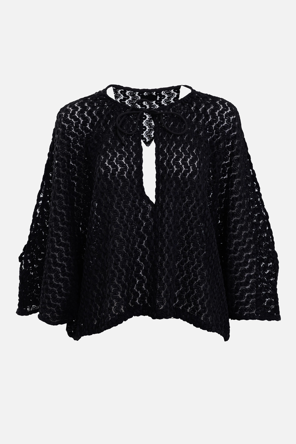 Fisico women stretch lace blouse in black, front view, deep V-neck tie and scalloped lace pattern