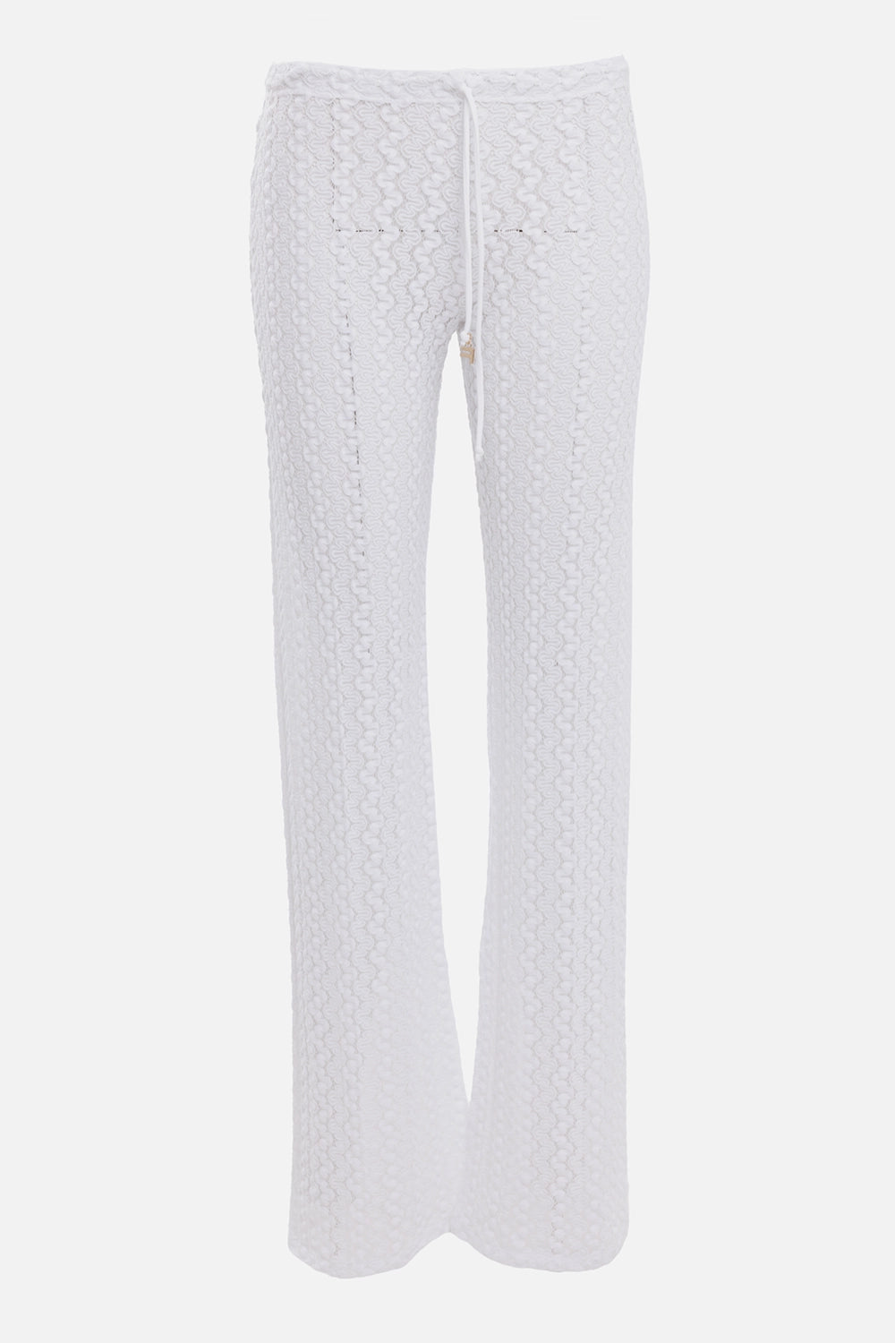 Fisico women's stretch lace palazzo pants in White, front view, drawstring waist and sheer lace texture