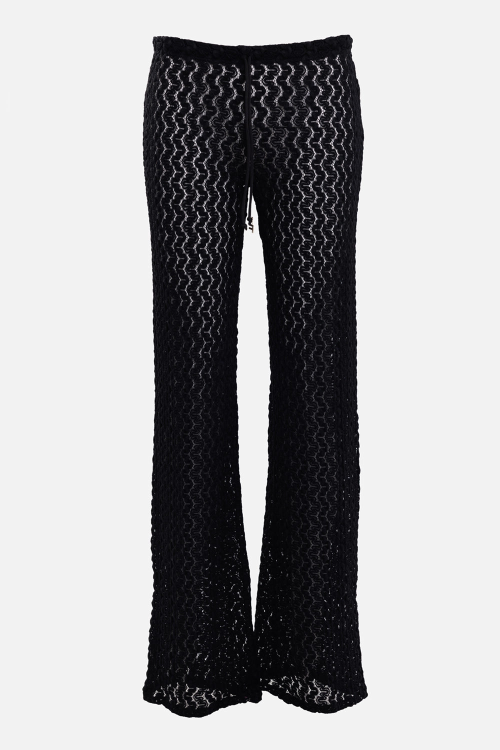 Fisico women's stretch lace pants in black, front view, drawstring waist and open scalloped lace