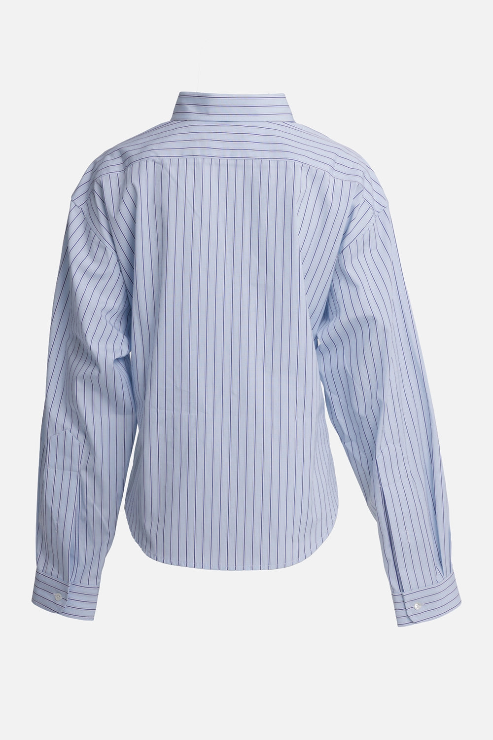 Vaquera women's light blue striped shirt, back view with dropped shoulders, back yoke and curved hem