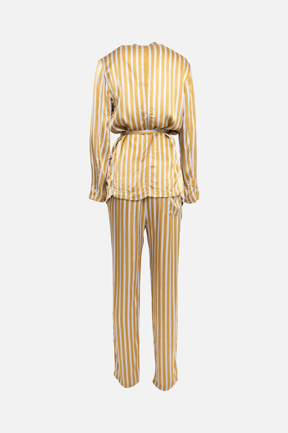Pre-owned Humanoid striped blazer and trousers set in mustard and white, back view, waist belt and straight-leg pants