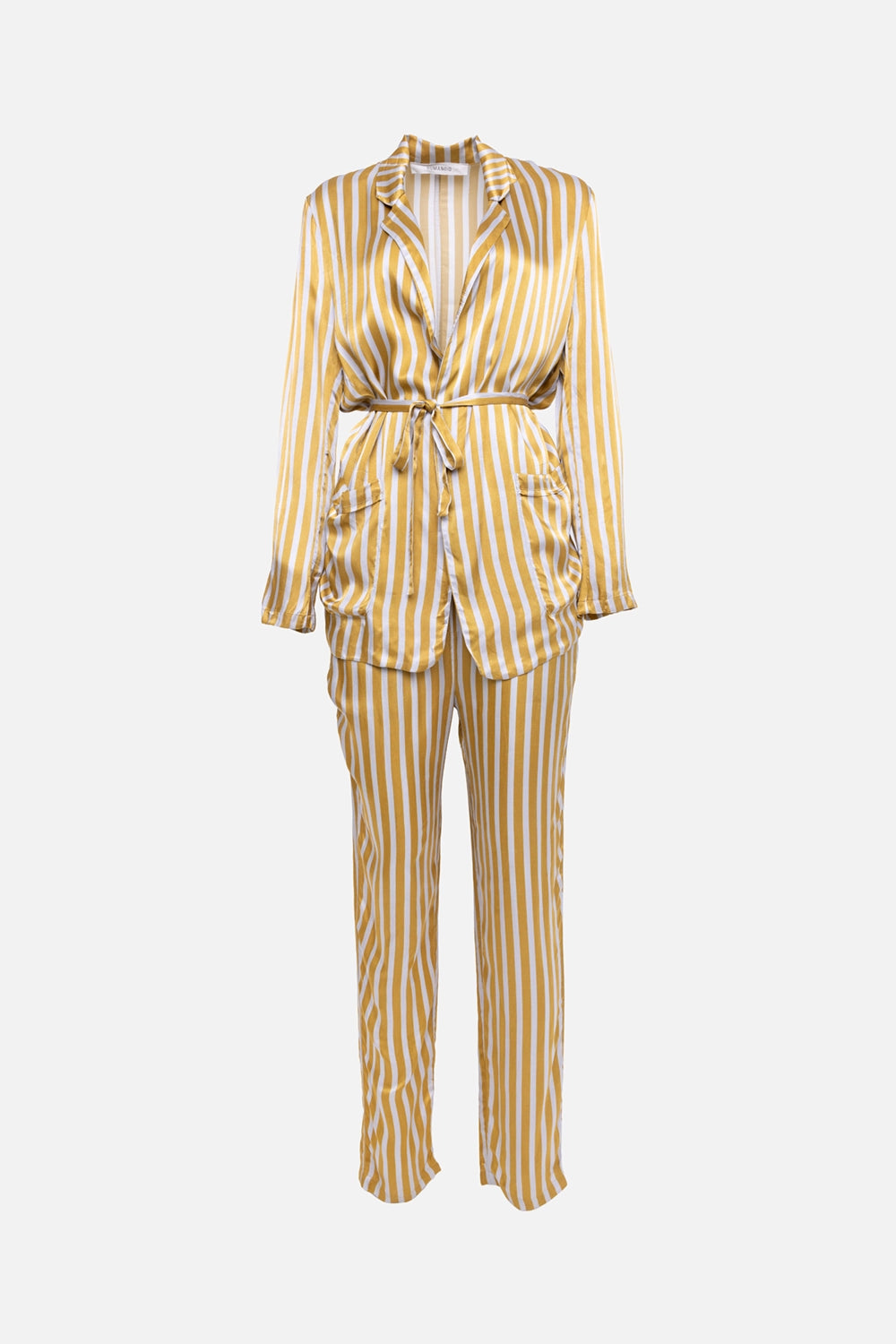 Pre-owned Humanoid women's striped blazer and trousers set in mustard and white, front view, self-tie belt and patch pockets