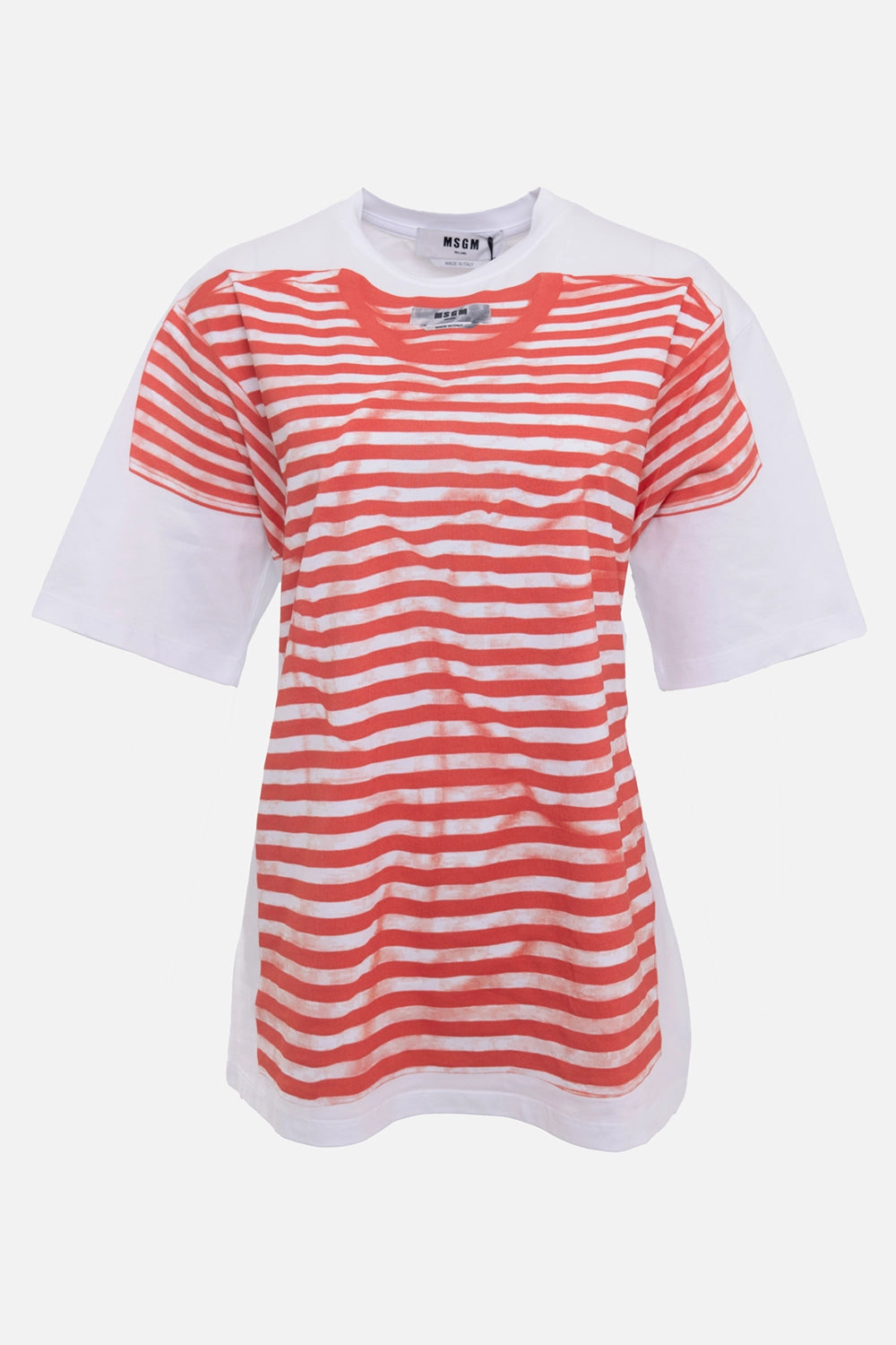 MSGM women's T-shirt in white/red, front view, crew neck with red stripe print and small chest logo label