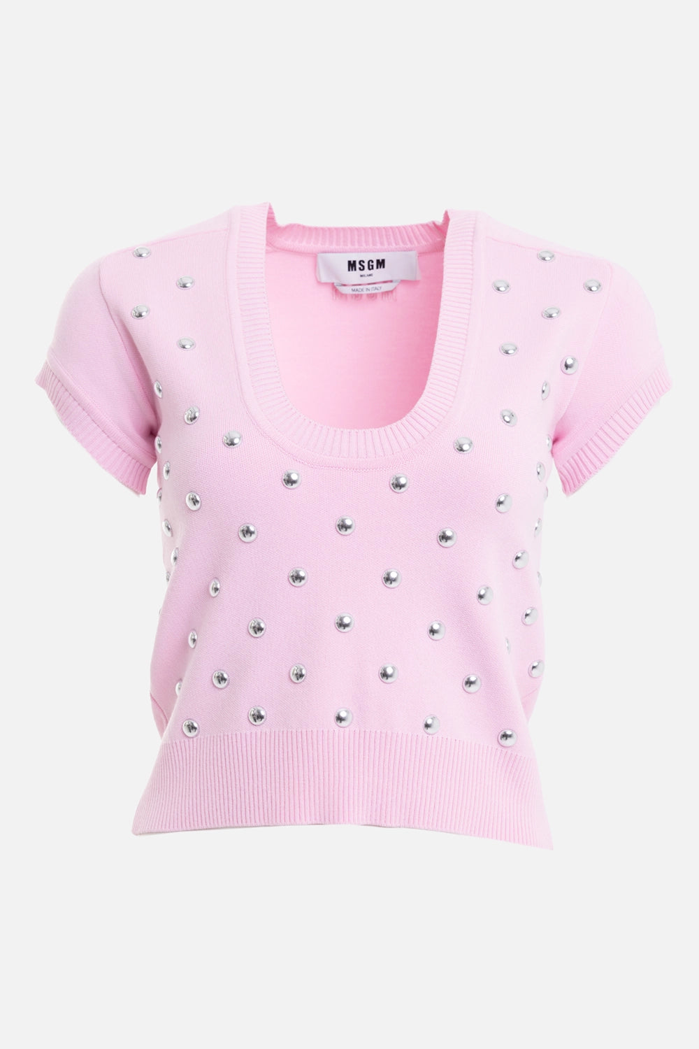 MSGM women's knit top in Pink, front view, silver round studs and ribbed scoop neckline