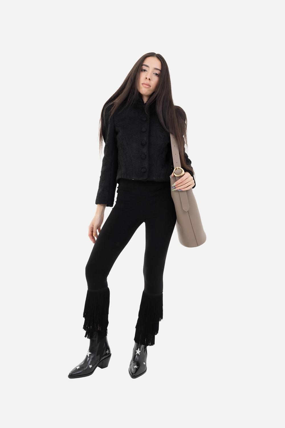 By Malene Birger women's suede jacket in black, on-model full-length, cropped fit with covered buttons