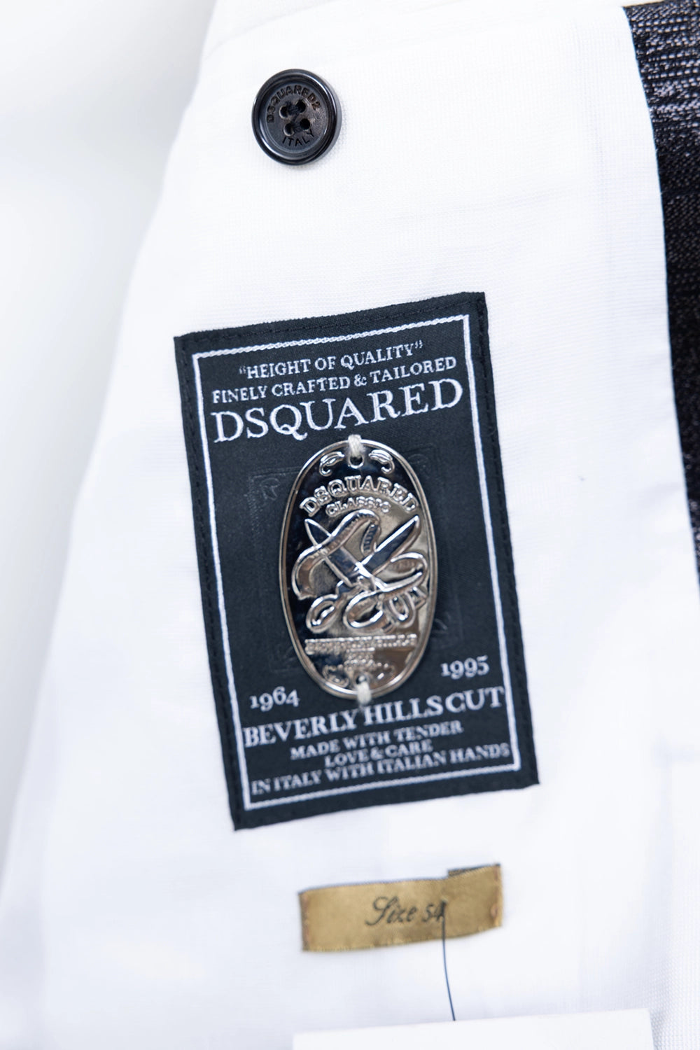 Pre-owned Dsquared2 suit in black, label detail, Beverly Hills Cut patch and metal tag