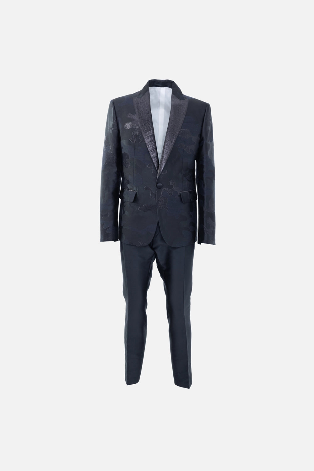 Pre-owned Dsquared2 suit in black, front view, satin lapels and single-button jacket