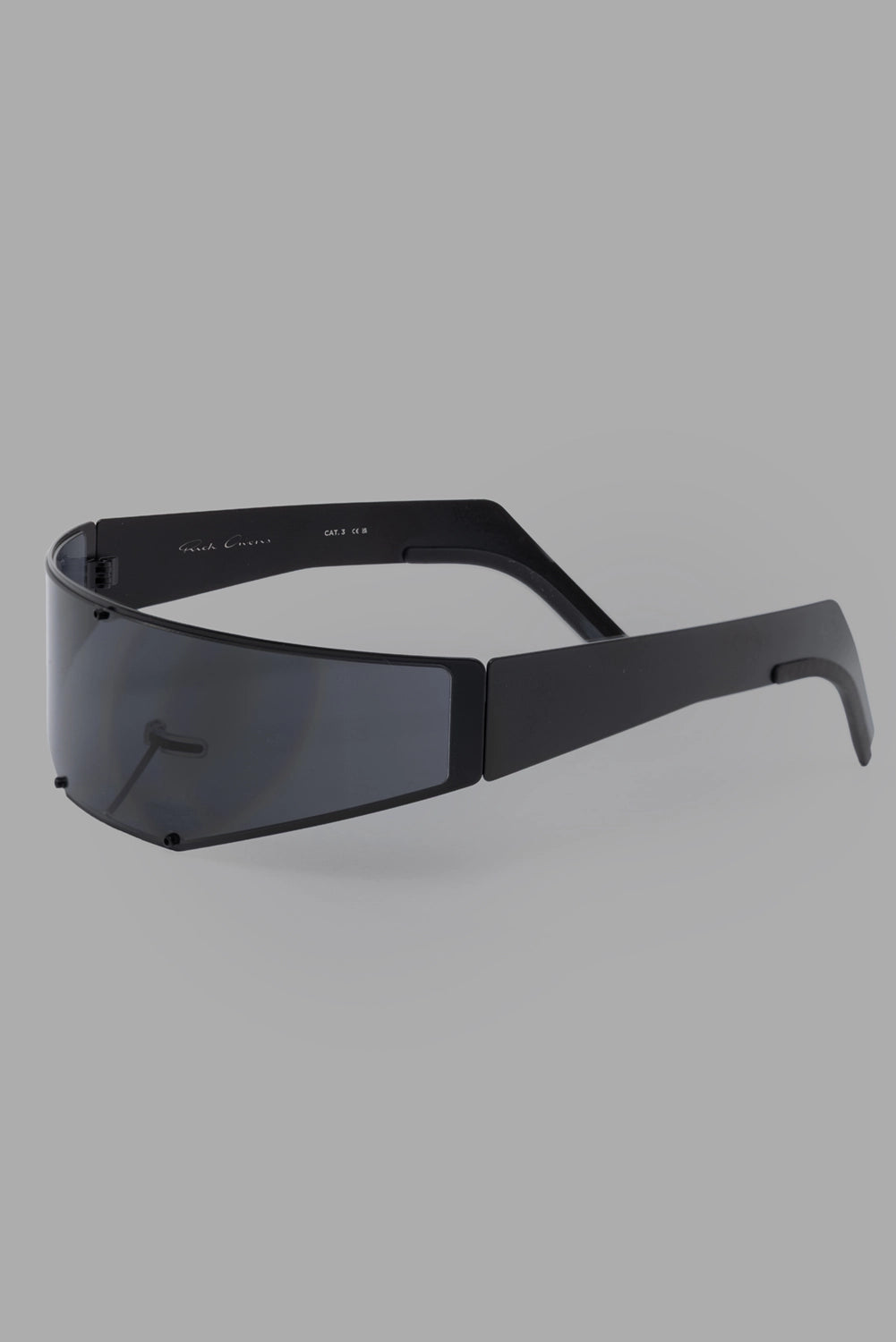 Rick Owens sunglasses in black, 3/4 view, stainless frame and wide temples