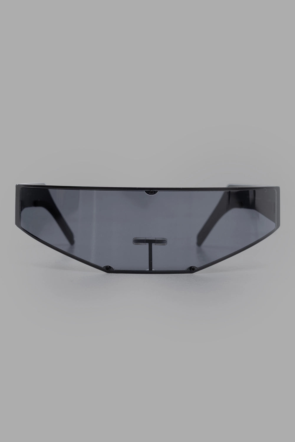 Rick Owens sunglasses in black, front view shield lens, exposed micro-screws